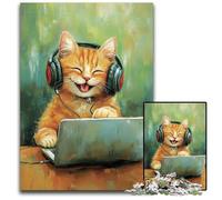 1000 Piece Jigsaw Puzzles Cat Listening to Music Wooden Jigsaw Puzzles Games Toys Gift, Enhance Love between Couples for Age 14+ 50X75CM