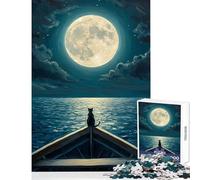 1000 Piece Jigsaw Puzzles- Cat on Boat Under Moonlight Home Decoration Toys Birthday Gifts Educational Game Train Your Brain And Hands Size 38x52cm
