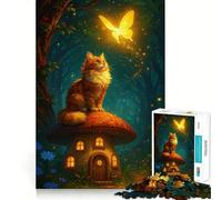 1000 Piece Jigsaw Puzzles Cat on Mushroom House with Butterfly Clean Cut Piece Mind Challenge Toy Calm Time Fun Christmas Art Piece (38x52cm)
