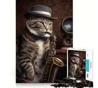 1000 Piece Jigsaw Puzzles Cat Plays Saxophone Clean Cut Piece Mind Challenge Toy Calm Time Fun Christmas Art Piece (38x52cm)