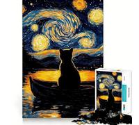 1000 Piece Jigsaw Puzzles Cat Under The Starry Night Accurate Joint Fun Thinking Game Play Peace Time Play Christmas Calm Gift (50x75cm)