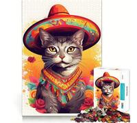 1000 Piece Jigsaw Puzzles Cat Wearing A Sombrero Flawless Fit Art Mind Training Fun Rest Time Play Christmas Calm Gift (50x75cm)