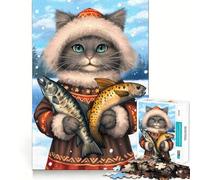 1000 Piece Jigsaw Puzzles Cat with Fish in Winter Accurate Joint Fun Thinking Game Play Peace Time Play Christmas Calm Gift (38x26cm)