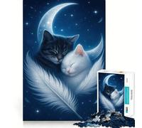 1000 Piece Jigsaw Puzzles Cats Sleeping on Moon with Feather Flawless Fit Art Mind Training Fun Rest Time Play Christmas Calm Gift (38x52cm)
