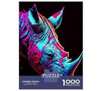 1000 Piece Jigsaw Puzzles- Colorful Rhino Portrait on Black Background Jigsaw for Adults Brain Teaser Game Difficult Challenge Stress Reduction Gifts 52x38cm/1000pcs