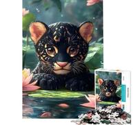 1000 Piece Jigsaw Puzzles Cute Black Jaguar Cub in Water Lilies Difficult And Challenge Enhance Memory Home Decoration Toys for Ages 14 And over (50X75cm)