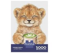 1000 Piece Jigsaw Puzzles- Cute Lion Cub with Matcha Latte Jigsaws for Adults DIY Toys Perfect Decoration Deal As Gifts for The Whole Family 52x38cm/1000pcs