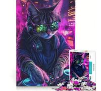 1000 Piece Jigsaw Puzzles DJ Cat in Neon City Impossible Game Precision Cutting with Fully Interlocking Randomly Shaped Pieces 38x52cm