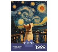 1000 Piece Jigsaw Puzzles- Dog Gazing Starry Night Van Gogh Painting Teenager Puzzles Brain Teaser Game Stress Reliever Deal As Gifts for The Whole Family 70x50cm/1000pcs