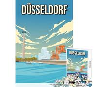 1000 Piece Jigsaw Puzzles Düsseldorf Germany Vintage Travel Poster Rheinturm Rhine River Jigsaw Puzzles for Adults Difficult Hard Fun Activities at Home Birthday Present, Gifts, (38x52cm)