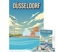 1000 Piece Jigsaw Puzzles- Düsseldorf Germany Vintage Travel Poster Rheinturm Rhine River Puzzles for Teenagers Staycation Kill Time Wishlist with Santa Claus Unique Birthday And Xmas Gif