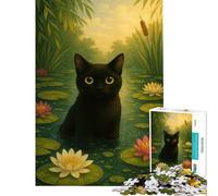 1000 Piece Jigsaw Puzzles for Adults Black Cat in A Lily Pond Practical Game Learning Educational Toys Birthday Gifts Birthday Present (Size 38x52cm)