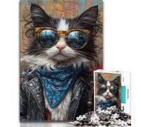 1000 Piece Jigsaw Puzzles for Adults Cowboy Cat,Stress Reliever Difficult Challenge with Matching Poster And Trivia Sheet 38x26cm