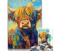 1000 Piece Jigsaw Puzzles for Adults Gifts Highland Cattle Oil Painting,Challenging To Complete But Fun And Humorous Unique Birthday And Gifts (38x26cm)