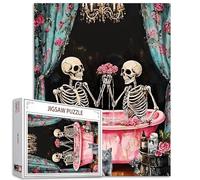 1000 Piece Jigsaw Puzzles for Adults Human Skeleton Painting Jigsaw Puzzle Day of The Death 1000 Pieces Puzzles Game Skull Couple Hold Rose Wall Decor DIY Craft Puzzle Art Valentines Gift