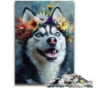 1000 Piece Jigsaw Puzzles for Adults Husky Wearing Flowers 1000 Pieces for Teenagers,Educational Games Home Decoration Birthday Present, Gifts, Wall Art (38x26cm)