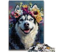 1000 Piece Jigsaw Puzzles for Adults Husky Wearing Flowers Puzzles for Adults,Fun Present & Activity for Home,Toy for Rainy Days (38x26cm)