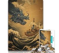 1000 Piece Jigsaw Puzzles for Adults Japanese Wave Dragon,Stress Reliever Difficult Challenge with Matching Poster And Trivia Sheet 75x50cm