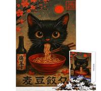 1000 Piece Jigsaw Puzzles for Adults Jigsaw Black Cat Eating Ramen Illustration Hands-on Game Family Activities Educational Toy Help The Brain Exercise (75X50CM)