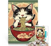 1000 Piece Jigsaw Puzzles for Adults Jigsaw Cat Eating Ramen Analyse und Logik mit passendem Poster und Quizblatt52x38cm