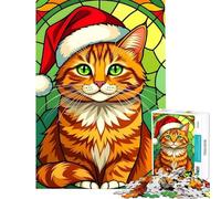 1000 Piece Jigsaw Puzzles for Adults Jigsaw Christmas Ginger Cat Stained Glass Illustration Adult Jigsaw Relaxing Games Staycation Kill Time Fun at Home Activities, (Size 75x50cm)