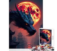 1000 Piece Jigsaw Puzzles for Adults Jigsaw Dragon over Asian City with Red Moon Toy Wall Decor Gift Birthday Impossible Game Fun Activities at Home Size 38x52cm