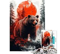 1000 Piece Jigsaw Puzzles for Adults Jigsaw Grizzly Bear in Forest with Red Sun Teenager Puzzles Fun Games Pattern Assembly Unique Birthday And Xmas Gifts (Size 38x52cm)