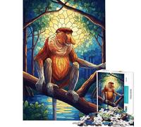 1000 Piece Jigsaw Puzzles for Adults Jigsaw Proboscis Monkey Stained Glass Illustration Teenager Puzzles Brain Teaser Game A Work of Art Challenging Game Gifts (Size 38x26cm)