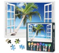 1000 Piece Jigsaw Puzzles for Adults Jigsaw Puzzle Game Window View Tropical Beach Palm Tree Island Paradise Nature Realism Photography Multicolor Exotic Vacation Relaxing Brain Teaser 27.5x19.7 Inch