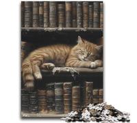 1000 Piece Jigsaw Puzzles for Adults Jigsaw Sleeping Cat on Bookshelf Pattern Assembly for Educational Game Birthday Gifts 38x52cm
