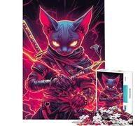 1000 Piece Jigsaw Puzzles for Adults Jigsaw Sphynx Cat Ninja with Katana Japanese Samurai Animal Puzzles for Adults Brain Teaser Game Analysis And Logic Unique Birthday And Xmas Gifts