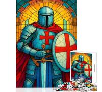 1000 Piece Jigsaw Puzzles for Adults Jigsaw Stained Glass Knight with Sword And Shield Relaxing Games For Family Fun Home Decoration Toys Help The Brain Exercise (75X50CM)