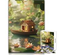 1000 Piece Jigsaw Puzzles for Adults Jigsaw Tiny House Boat in A Pond Ideal for Quiet Relaxing Moments Clean Uniform Cut Leisure Toy Size 38x26cm