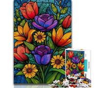 1000 Piece Jigsaw Puzzles for Adults Stained Glass Flowers Puzzles for Adults,with Matching Poster And Trivia Sheet for Ages 14+ (size 38x26cm)