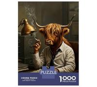 1000 Piece Jigsaw Puzzles for Adults Teenagers Anthropomorphic Highland Cow Businessman Smoking Puzzles for Adults Fun Games Difficult Hard Birthday And Unique Gifts 52x38cm/1000pcs