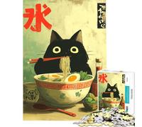 1000 Piece Jigsaw Puzzles for Adults Teenagers Black Cat Eating Ramen Illustration Jigsaw 1000 Pieces DIY Toys Analysis And Logic Challenging Game Gifts (38x52cm)