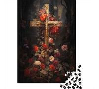 1000 Piece Jigsaw Puzzles for Adults Teenagers Christian Cross with Flowers Art Print Puzzles for Adults Toy Wall Decor Hand Speed Race Difficult And Challenge 52x38cm/1000pcs