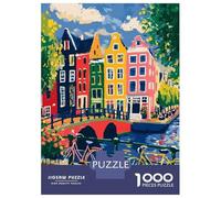 1000 Piece Jigsaw Puzzles for Adults Teenagers Colorful Amsterdam Canal Scene with Bicycles Jigsaw Puzzle Fun Games Difficult Challenge Parent-child Interaction 52x38cm/1000pcs