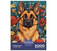 1000 Piece Jigsaw Puzzles for Adults Teenagers German Shepherd in Flowers German Shepherd with Bold Blooms Dog Wall Art Print Jigsaw for Adults Anti-Stress Toys For Family Fun for Is Ideal As A Gift