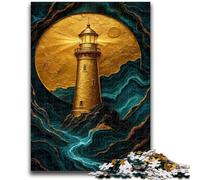 1000 Piece Jigsaw Puzzles for Adults Teenagers Golden Lighthouse on A Rocky Coast Learning Educational Impossible Game Birthday Gift 38x26cm