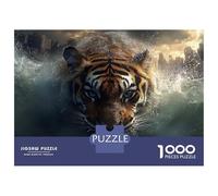 1000 Piece Jigsaw Puzzles for Adults Teenagers Tiger Swimming in Flooded Cityscape Jigsaw Puzzle Fun Games Difficult Challenge Parent-child Interaction 52x38cm/1000pcs