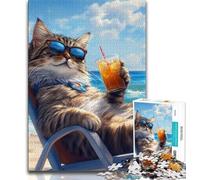 1000 Piece Jigsaw Puzzles for Adults & Teens Cat on Vacation 1000 Piece Puzzle,Family Educational Games Home Decoration Gift 38x26cm