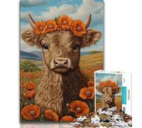 1000 Piece Jigsaw Puzzles for Adults & Teens Highland Cow with Orange Flowers Puzzles for Teenagers,Perfect for Game Nights, Colorful Toy for Home Gift 26x38cm