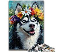 1000 Piece Jigsaw Puzzles for Adults & Teens Husky Wearing Flowers 1000 Pieces for Adults,Decompressing Intellectual Educational Toy Perfect Decoration (38x26cm)