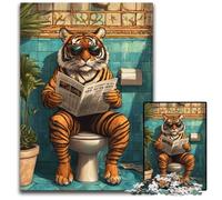 1000 Piece Jigsaw Puzzles for Adults Tiger Sitting on The Toilet Wooden Jigsaw Puzzles Interactive Family Game, Suitable for Ages 14+ 50X75CM