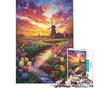 1000 Piece Jigsaw Puzzles for Adults Tulip Fields at Sunset- Family Games for Educational Game Challenge Toy Secret Santa Gifts Enhance Memory (size 38x26cm)