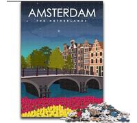 1000 Piece Jigsaw Puzzles for Teenagers Amsterdam Travel Poster, for And 14 Years And over for Educational Game Challenge Toy Gift for Birthdays 26x38cm