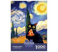 1000 Piece Jigsaw Puzzles for Teenagers Black Cat Eating Pizza Starry Night Teenager Puzzles Relaxing Games Hand Speed Race Help The Brain Exercise 70x50cm/1000pcs