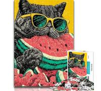 1000 Piece Jigsaw Puzzles for Teenagers Cat Eating Watermelon 1000 Piece Puzzle,Artistic Wall Decor & Birthday Gift Idea for Friends, Home Office (size 75x50cm)
