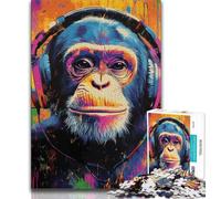 1000 Piece Jigsaw Puzzles for Teenagers Chimpanzee Wearing Headphones,Family Game Stress Reliever Difficult Challenge Enhance Love between Couples (38x26cm)